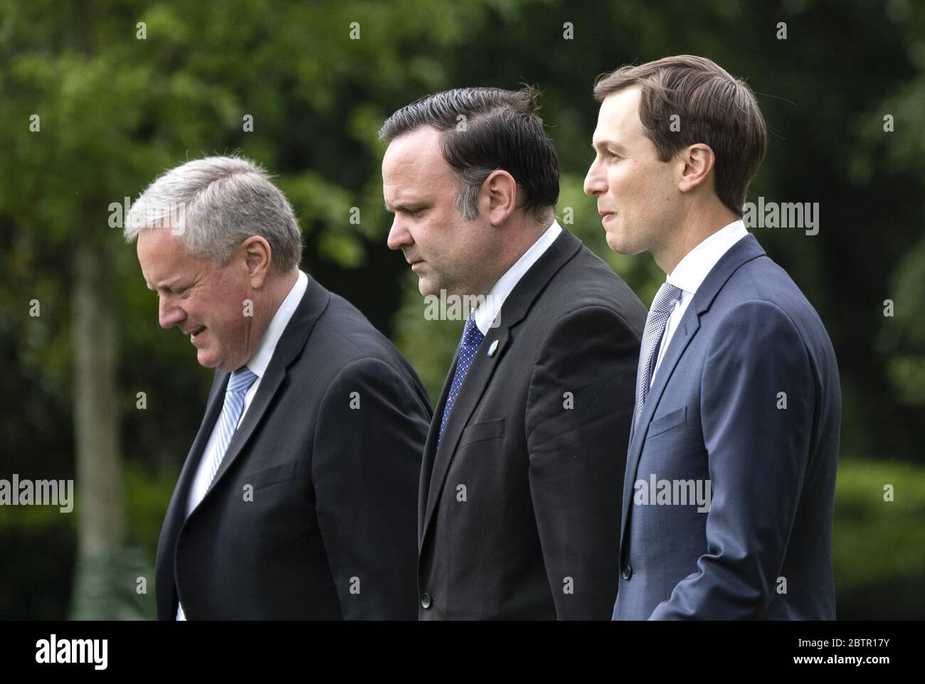 Washington, Untied States. 27th May, 2020. From left to right, Acting Chief of Staff Mark Meadows, Dan Scavino, White House Deputy Chief of Staff for Communications, and Jared Kushner, Presidential advisor and President Trump's son-in-law, depart the White House with President Donald Trump, in Washington, DC on Wednesday, May 27, 2020. President Trump and the First Lady are traveling to NASA's Kennedy Space Center to watch the SpaceX Mission 2 launch. Photo by Kevin Dietsch/UPI Credit: UPI/Alamy Live News Stock Photo