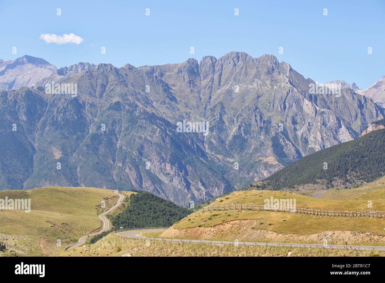 Cerler, Huesca/Spain; Aug. 21, 2017. Mountain road on a mountainous profile of the Pyrenees between the town of Benasque and Cerler. Stock Photo