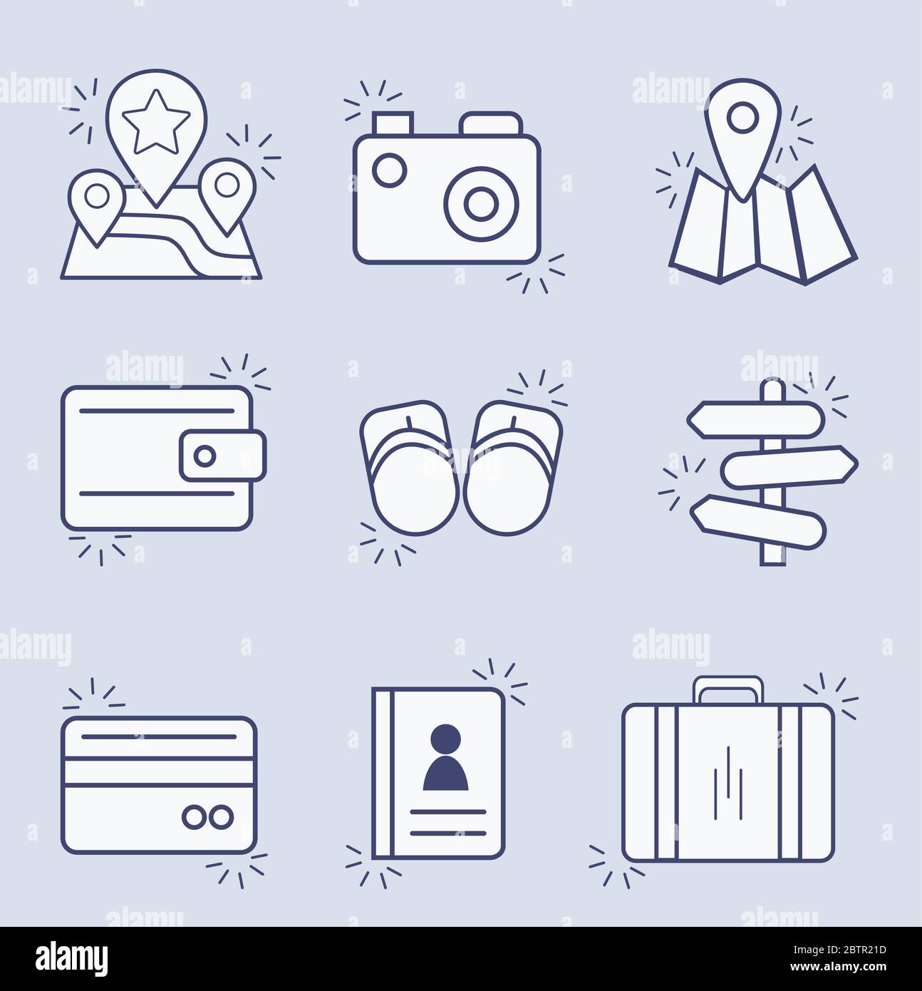 Set of contour vector icons of road, vacation, vacation. Symbols Line. Stock Vector