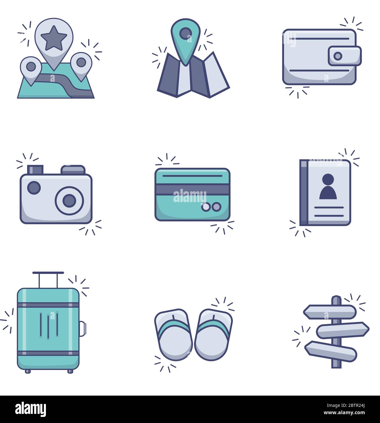 Set of color vector travel, navigation, vacation icons. Characters Stock Vector