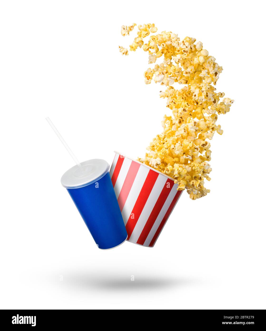 Paper striped bucket with popcorn and cup of soft drink isolated on
