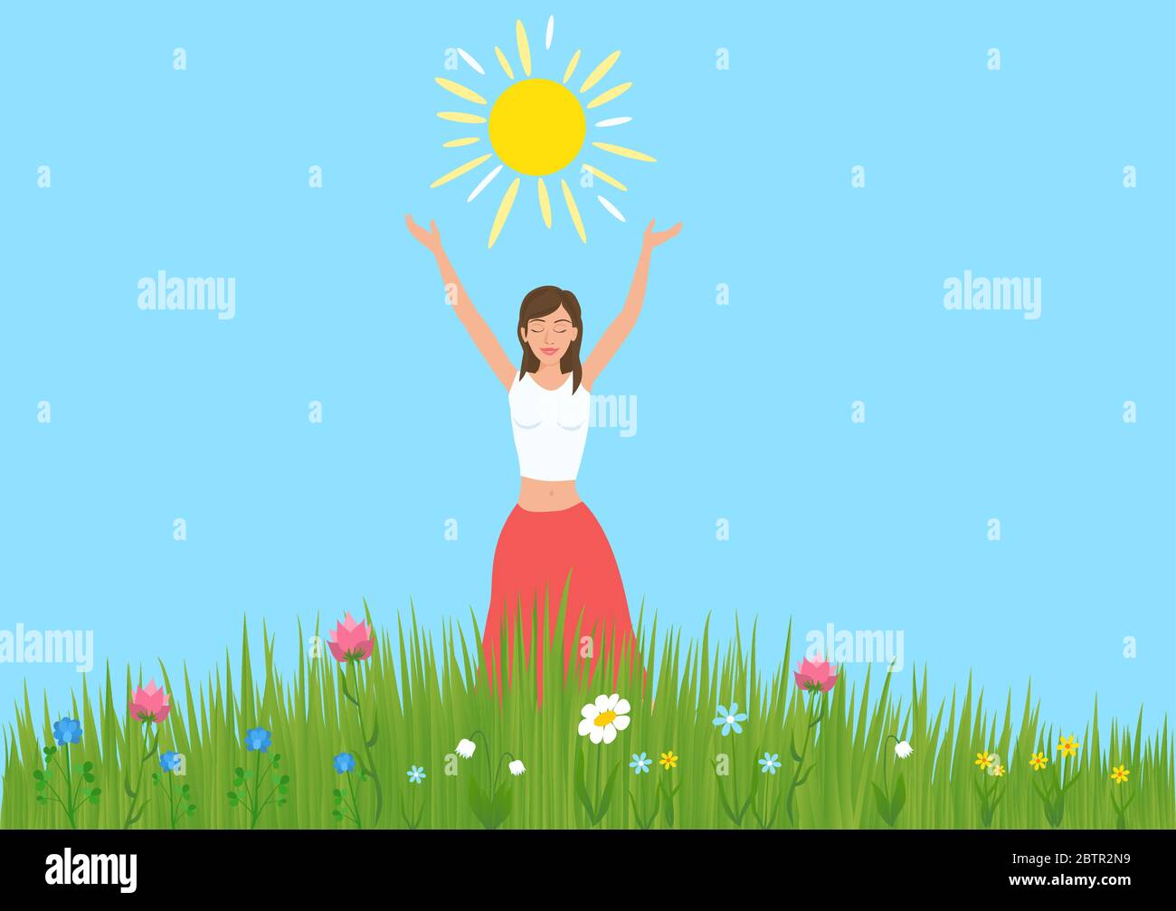 Girl raised her hands and enjoys the sun in a meadow with flowers. Stock Vector