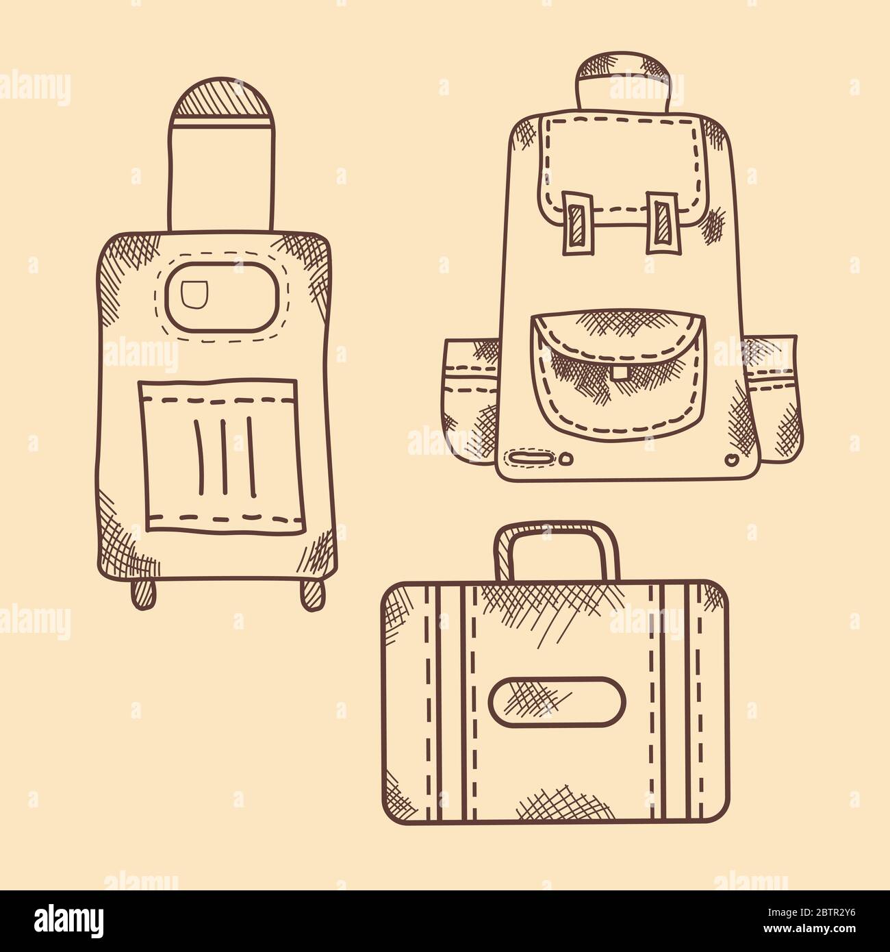 Vector hand drawing. Vintage. Pictogram, icon, luggage, backpack with pockets, suitcase, on wheels Stock Vector