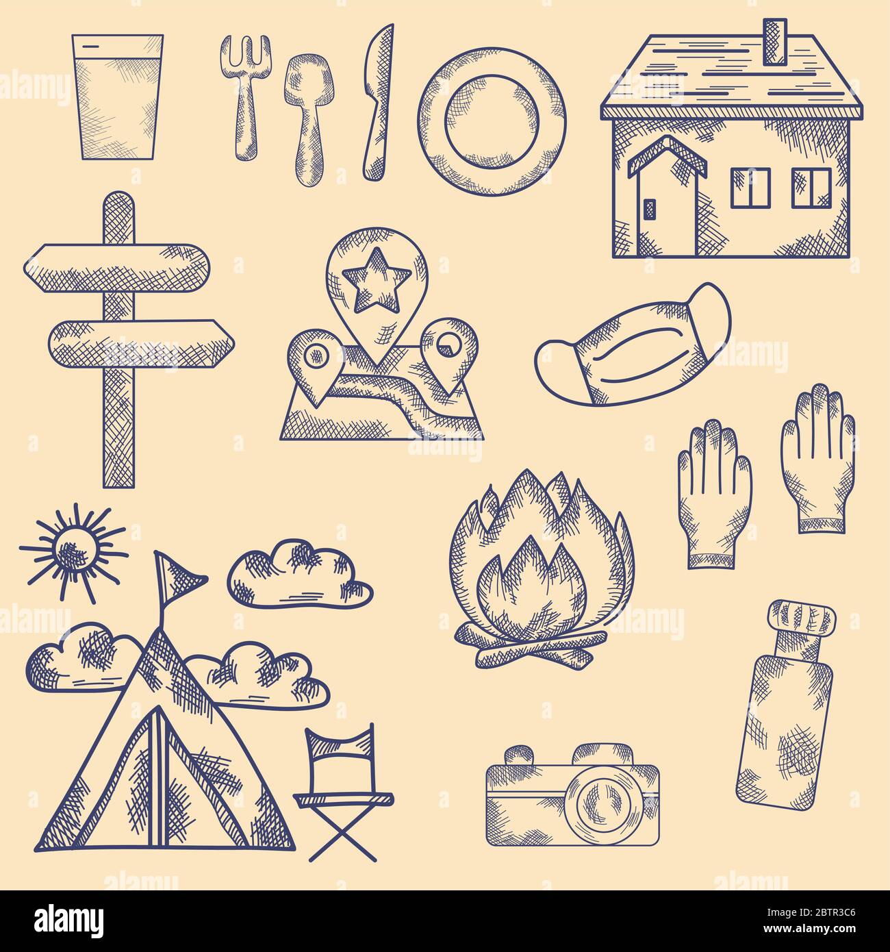 Hand drawn Set of vector drawings. Vintage. Travel Doodle Collection Stock Vector