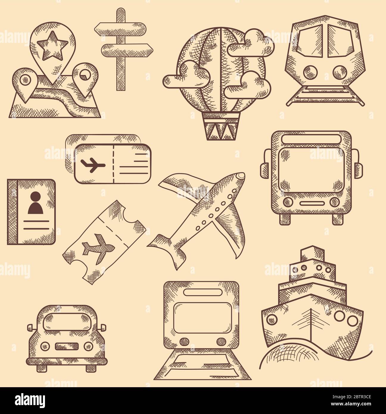 Hand drawn icon set. Transport, travel and road. Vintage. Hand held doodle illustration. Stock Vector