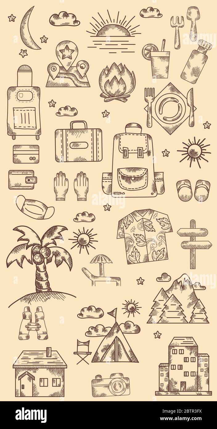 Set of hand drawings road, travel, transport, vacation. Vintage. Doodle line Stock Vector