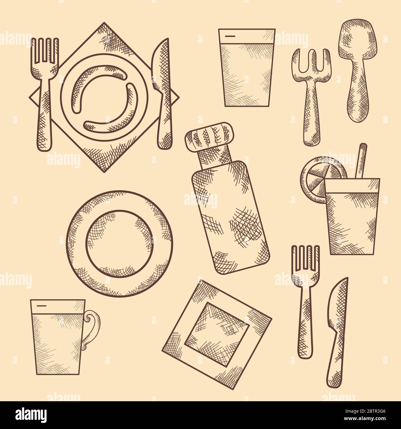 Hand drawn set of doodles icons. Vintage. Dishes, objects, appliances. Stock Vector