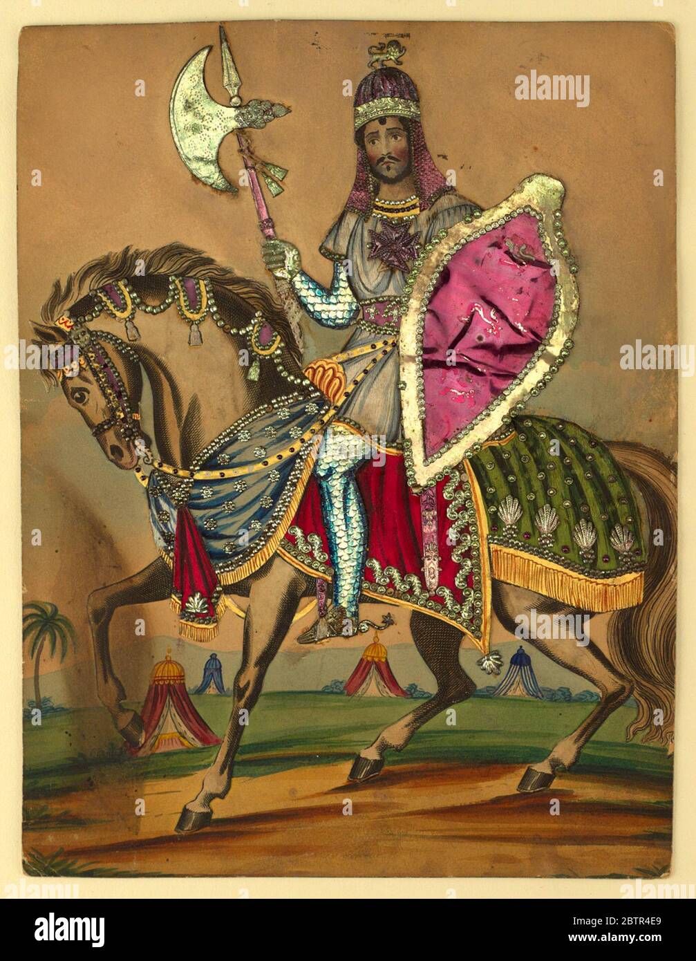 Tinsel Picture Edmund Kean as Richard Coeur de Lion. Research in ProgressThe actor, Edmun Kean, is shown on horseback, clad in armour. The horse and actor's face are engravings, cut out, the trappings silk and embossed metal and paper, and the background, shown an encampment, an original drawing. Stock Photo