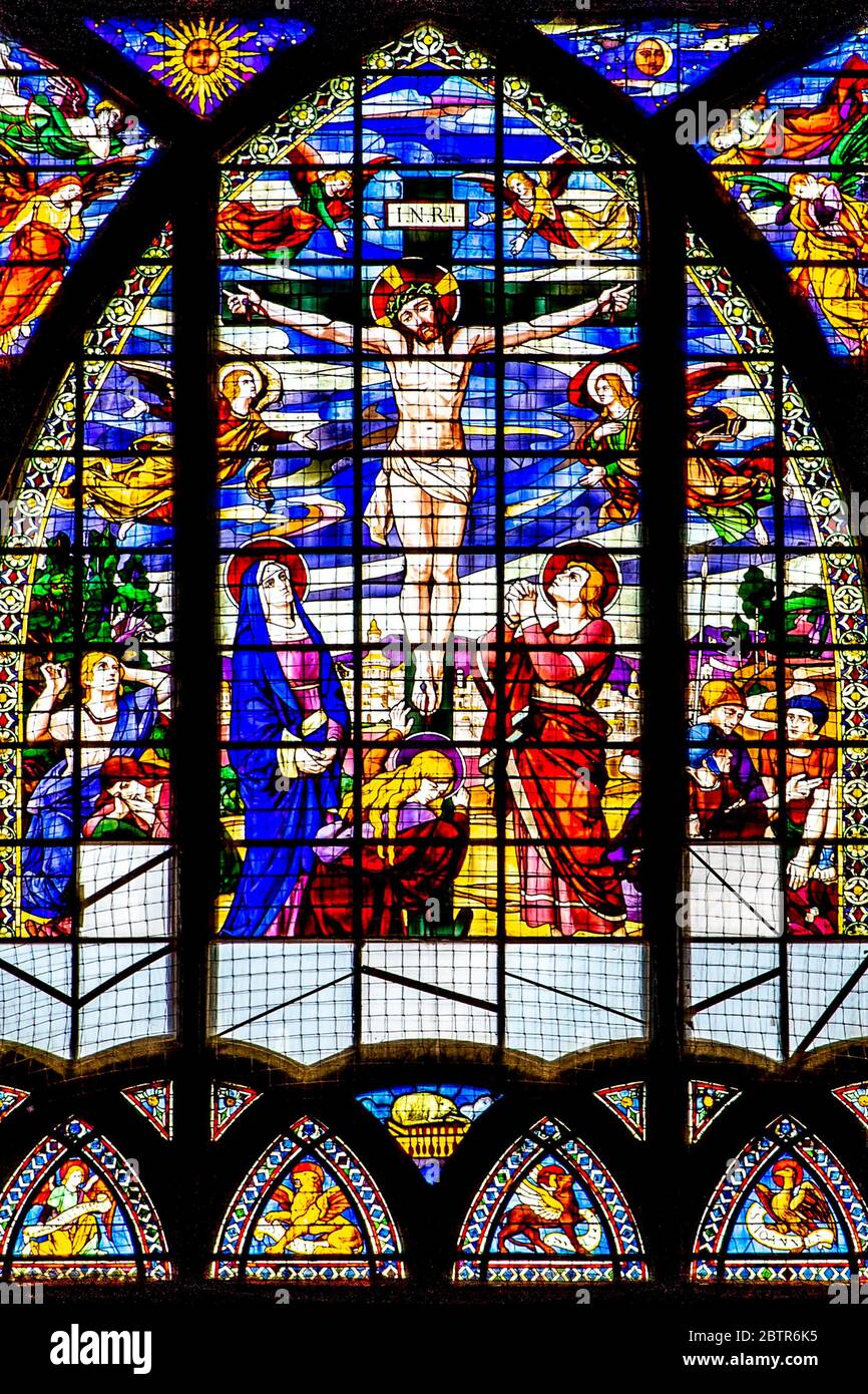 Paris, France - May 20, 2020: Stained Glass Window of St Jean-de-Montmartre in Abesses neighborhood Stock Photo