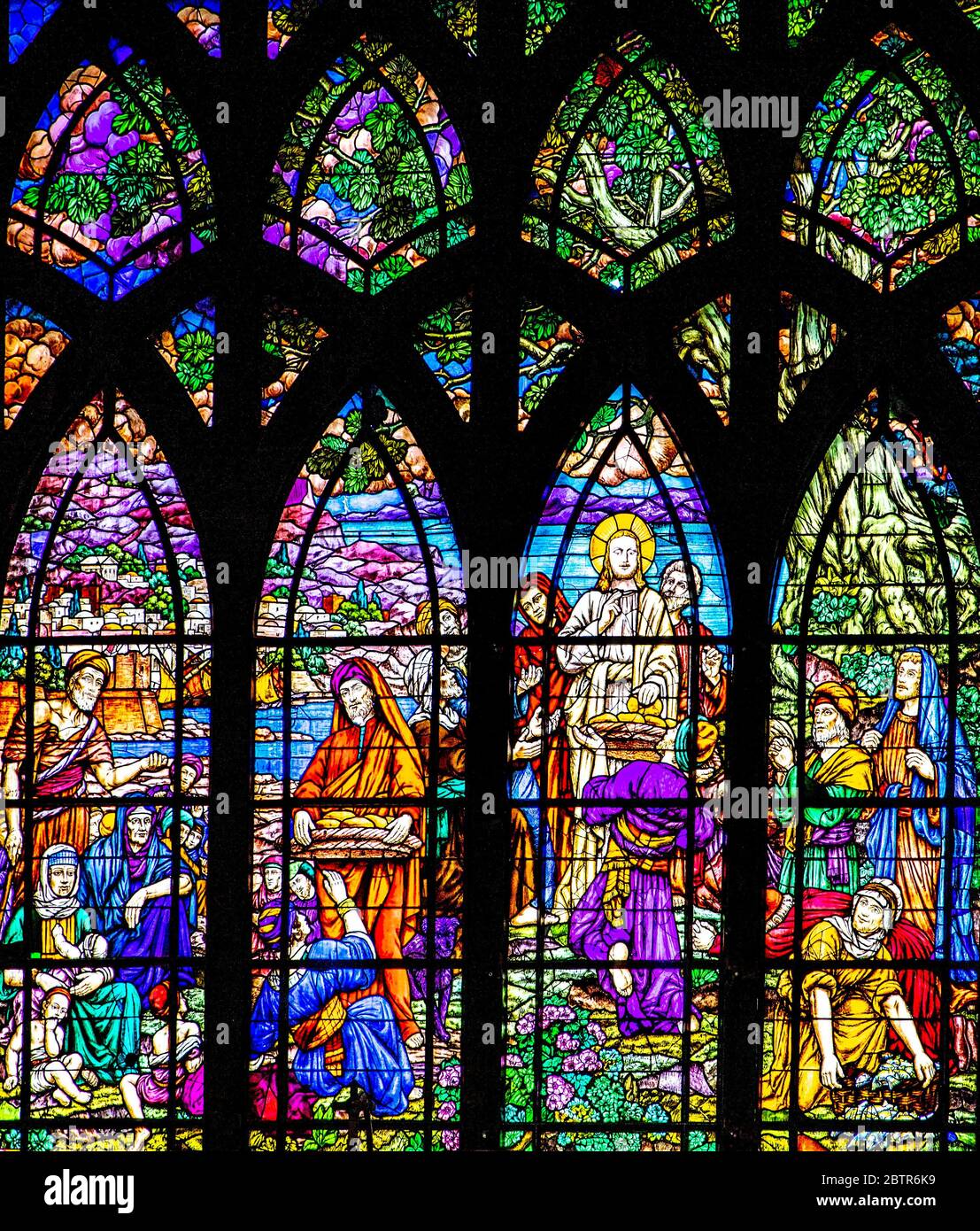 Paris, France - May 20, 2020: Stained Glass Window of St Jean-de-Montmartre in Abesses neighborhood Stock Photo