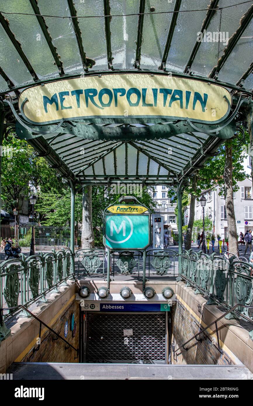 Paris, France - May 20, 2020: Abbesses metropolitain station in Montmartre, famous Art Nouveau symbol Stock Photo