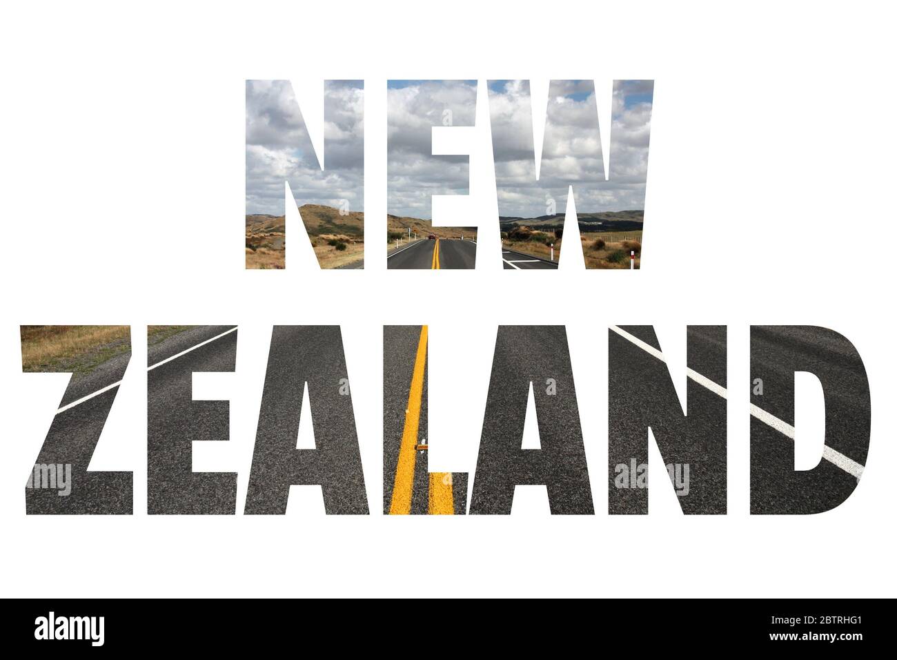 New Zealand country name sign with photo in background. Isolated on