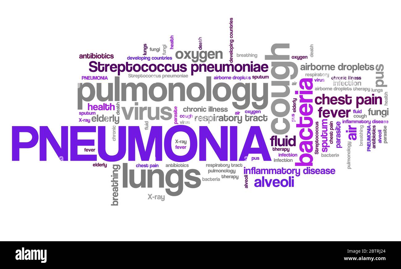 Pneumonia - respiratory tract sickness with lungs infection. Health care word cloud. Stock Photo