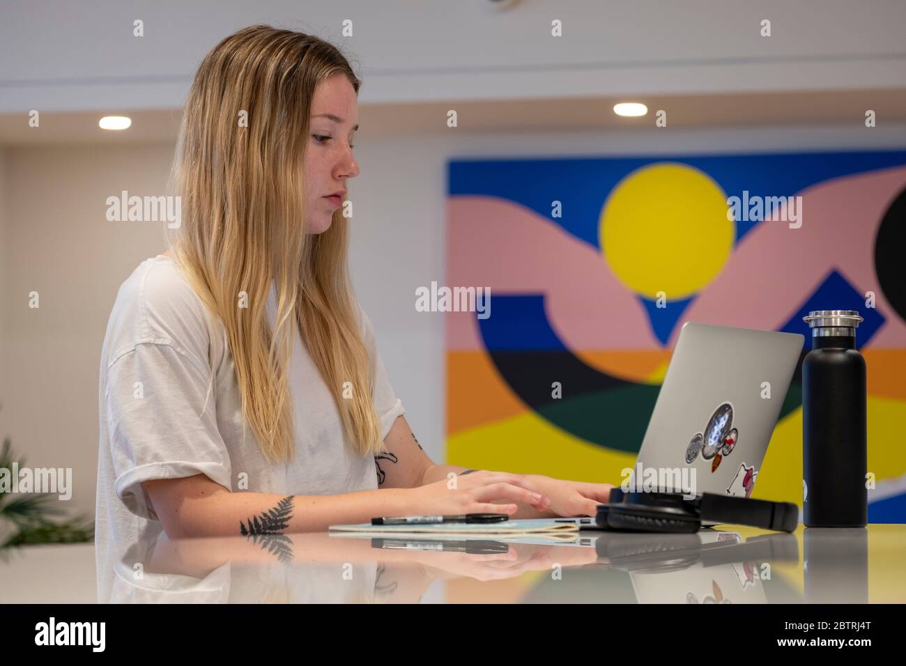 One young female working on a laptop in a contemporary designed coworking space Stock Photo