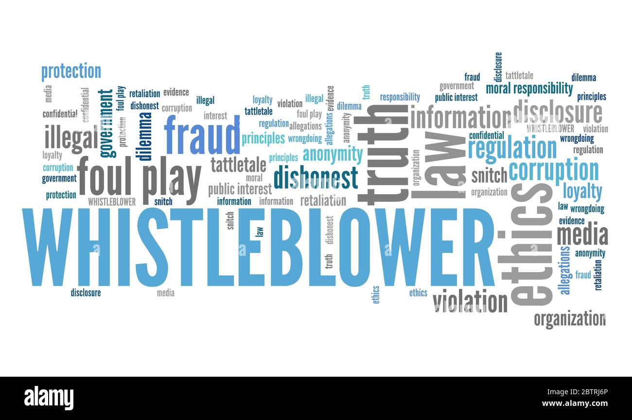 Whistle blower - company law violation. Moral responsibility concept word cloud. Stock Photo