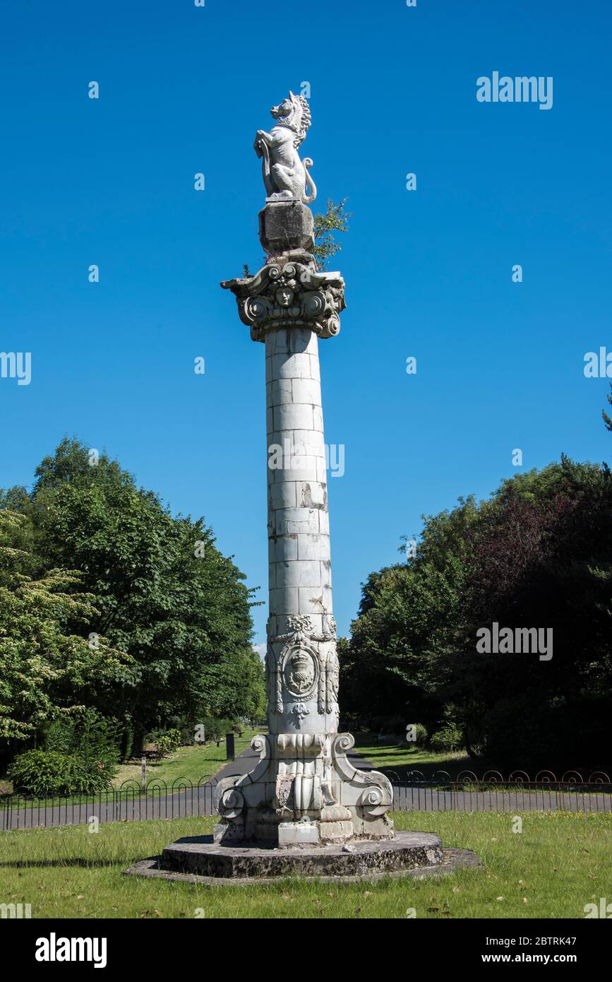 Ornamental colun with unicorn, Springburn Park, noth Glasgow, Scotland Stock Photo