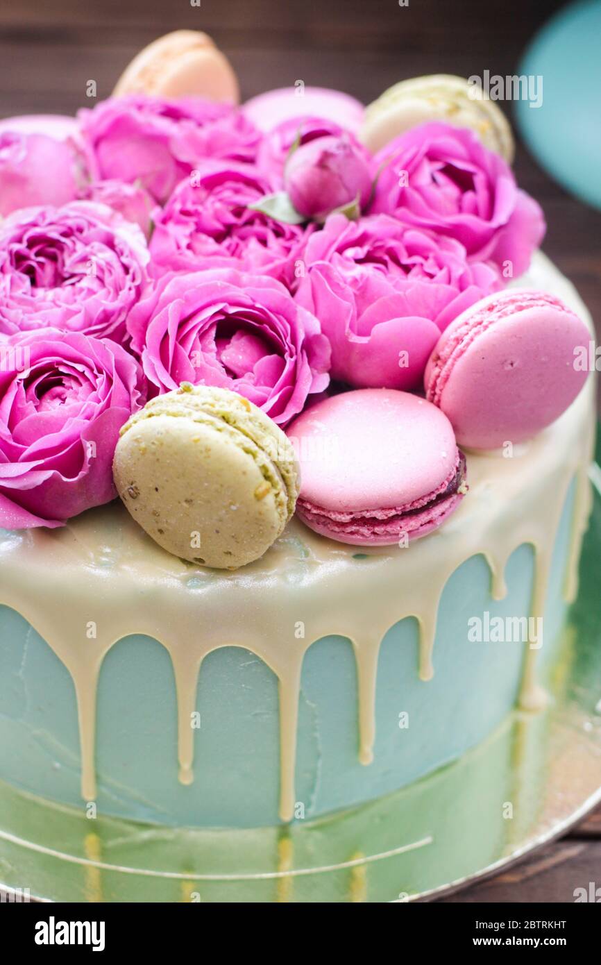 Turquoise Cake With White Melted Chocolate Fresh Roses And French Macaroons Decoration Rustic Wooden Background Stock Photo Alamy