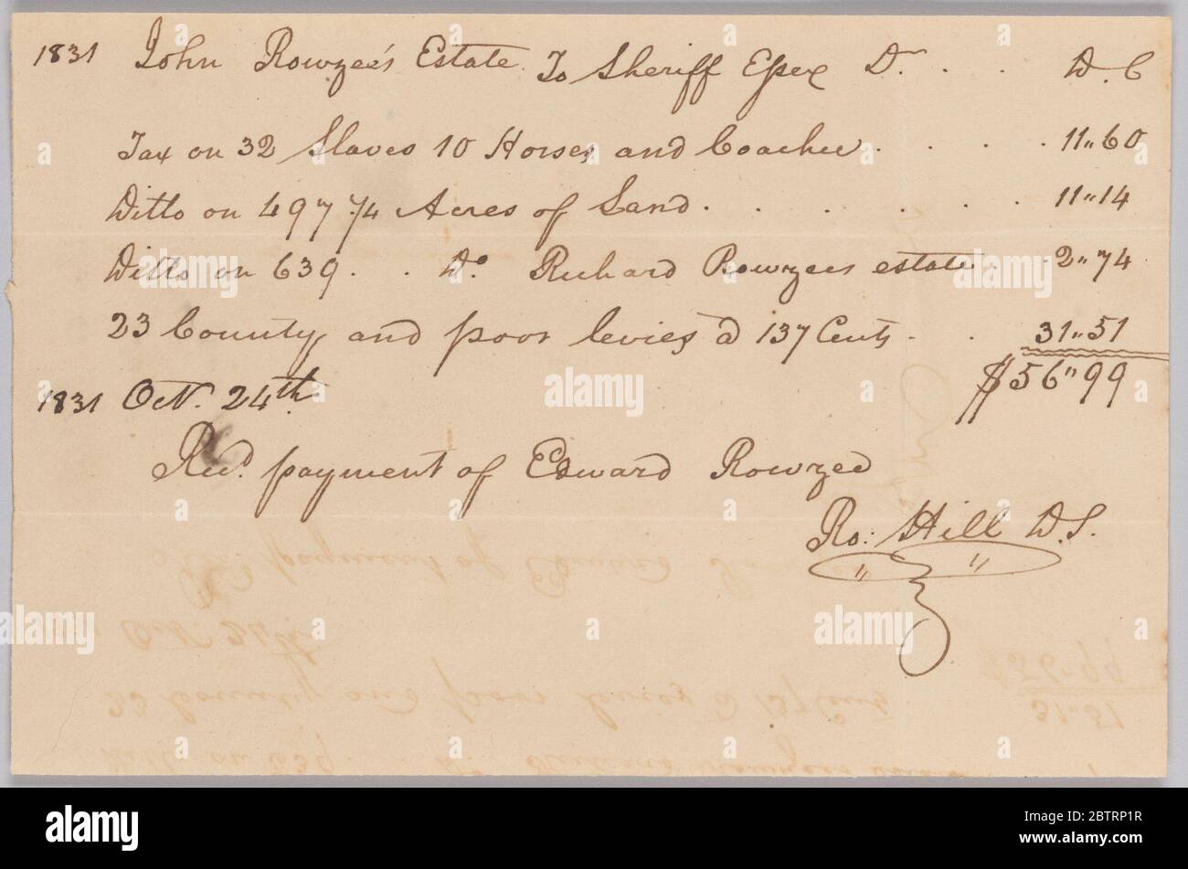 Account of taxable property including enslaved persons owned by John Rouzee. This document is from a collection of financial papers related to the plantation operations of several generations of the Rouzee Family in Essex County, Virginia. Stock Photo