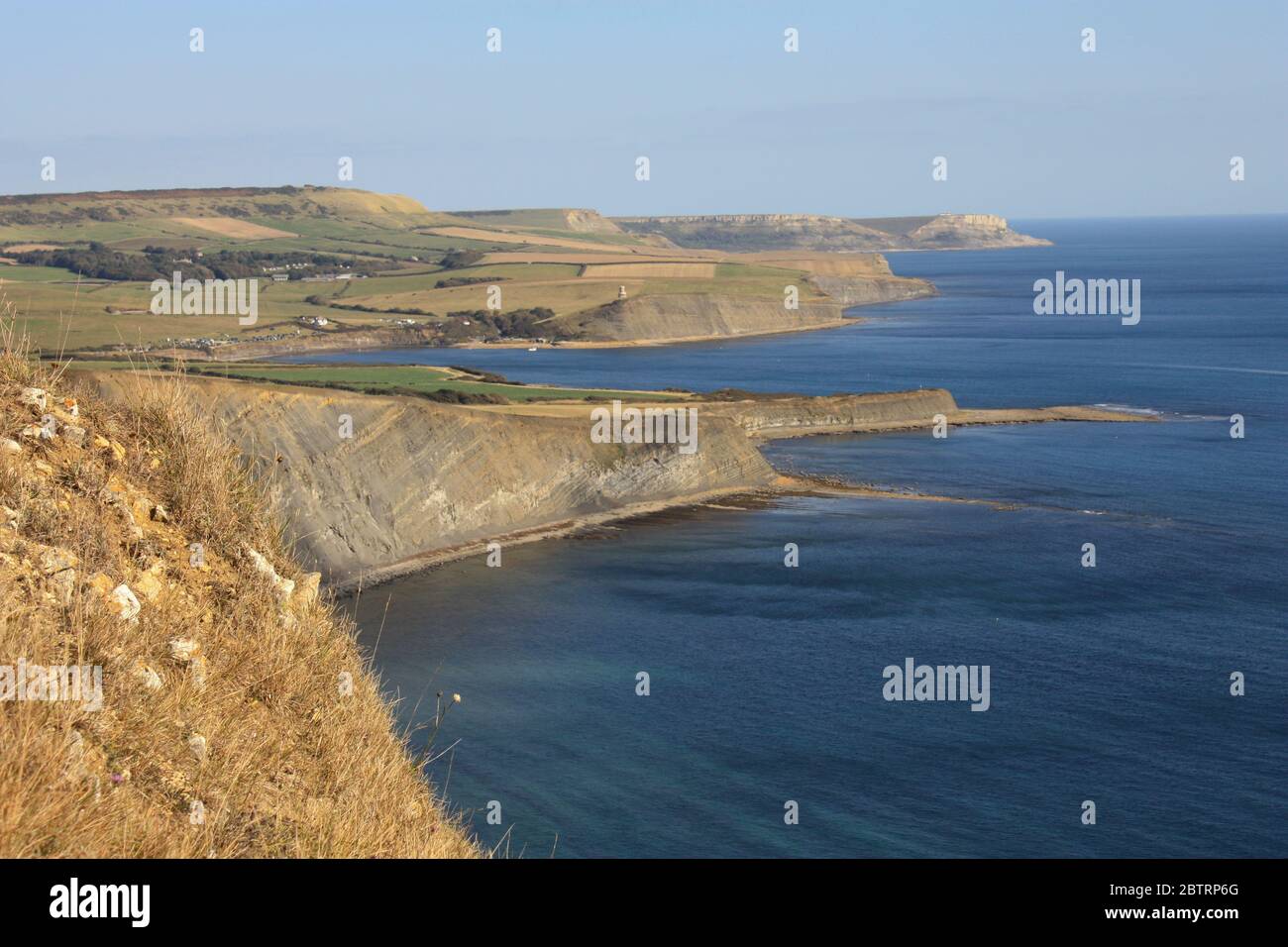 The Jurassic Coast in Dorset, England looking across Broad Bench, Kimmeridge Bay and on towards St Alban's Head from the South West Coast Path Stock Photo