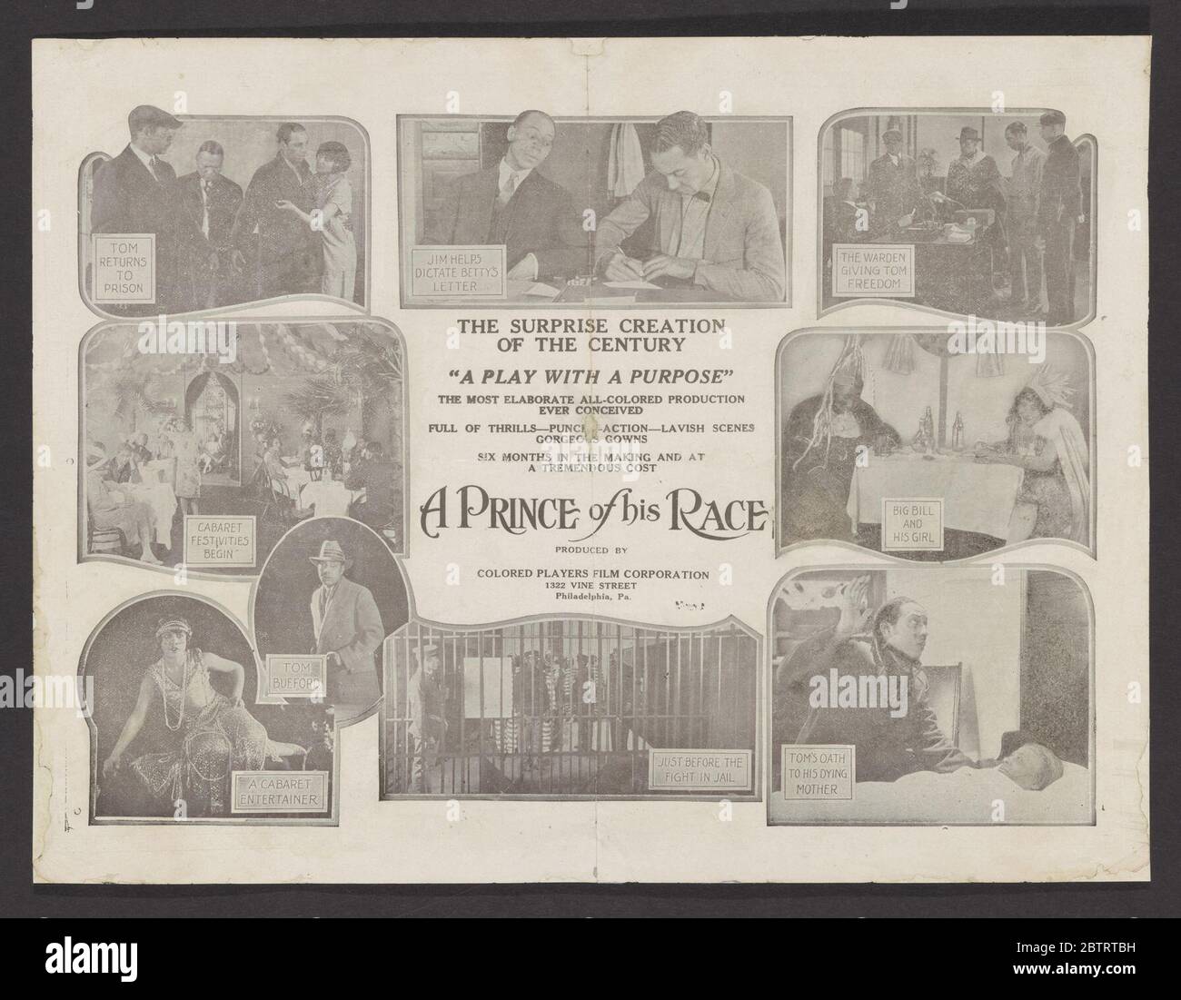 Advertisement for A Prince of His Race. A single sheet, black and white flier sized advertisement for the film A Prince of His Race. The advertisement featureseight vignettes of scenes from the movie arranged around the center. Each scene has a small card with a caption explaining the scene. Stock Photo