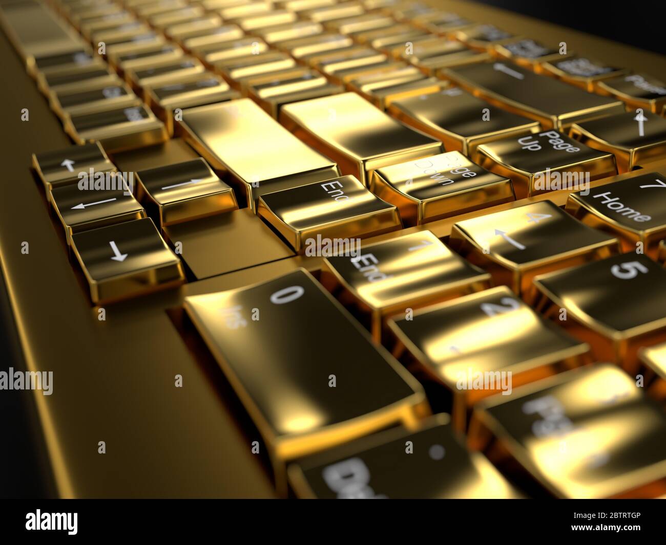 Closeup on a golden keyboard with black background, with depth of