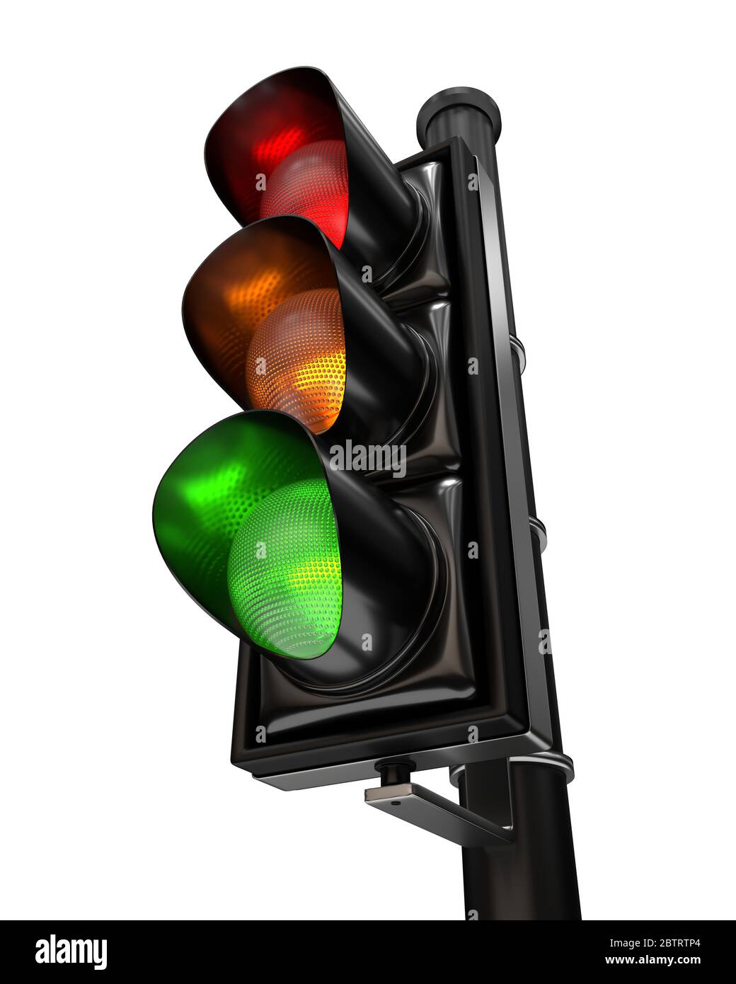 Closeup on a traffic light with the three colors on, isolated on white