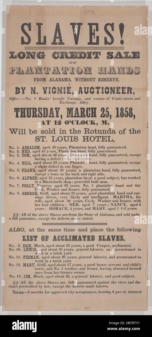 Broadside for a New Orleans auction of 18 enslaved persons from Alabama. A single-sheet broadside with bold serif font typeface advertising an auction for the sale of eighteen slaves. It consists of black printed text on white paper. The top of the broadside reads 'SLAVES! Stock Photo