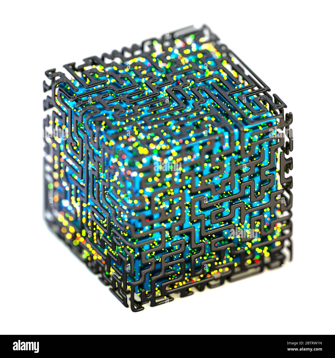 Concept of a cubic quantum computer, made of metallic maze and shiny colored particles, isolated on white background Stock Photo
