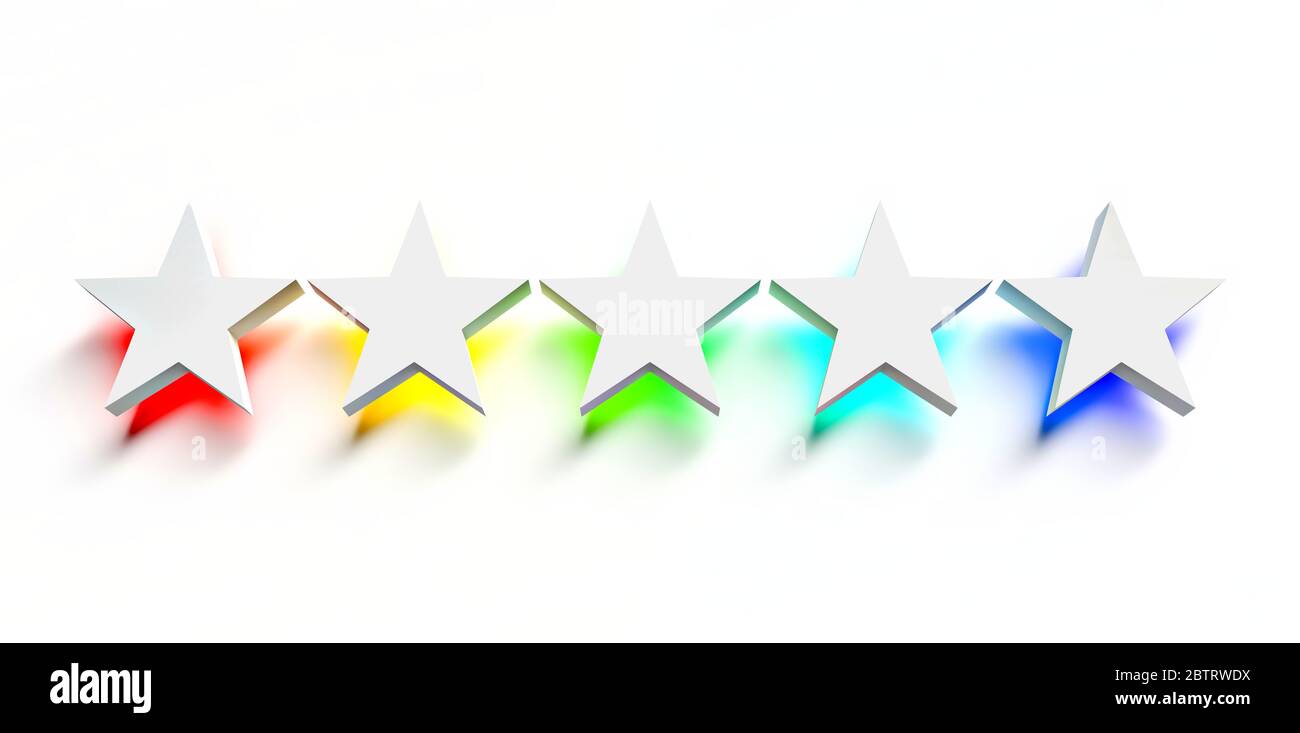 Five white stars with rainbow colored backlight on white background Stock Photo