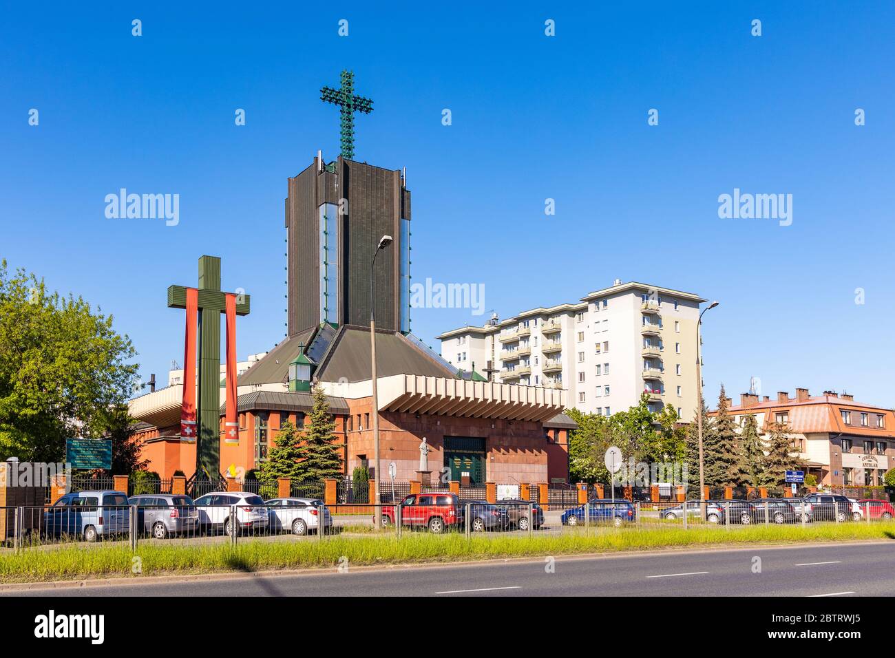 Warsaw, Mazovia / Poland - 2020/05/21: Facade of the St. Maximilian Colbe church - kosciol sw. Maksymiliana Kolbe - at ul. Rzymowskiego street in Moko Stock Photo