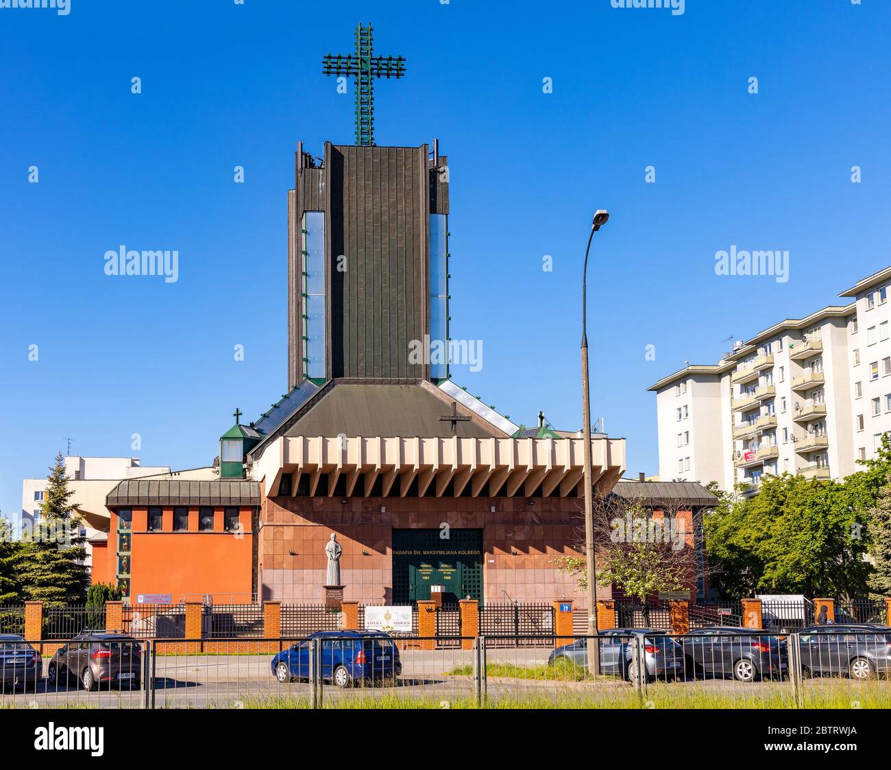 Warsaw, Mazovia / Poland - 2020/05/21: Facade of the St. Maximilian Colbe church - kosciol sw. Maksymiliana Kolbe - at ul. Rzymowskiego street in Moko Stock Photo