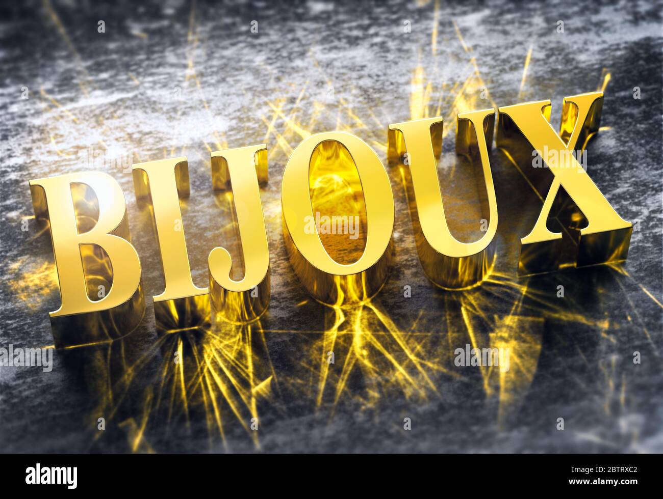 The french word 'BIJOUX' -translation for 'JEWEL'-, in gold material  shining with golden caustic lights Stock Photo - Alamy
