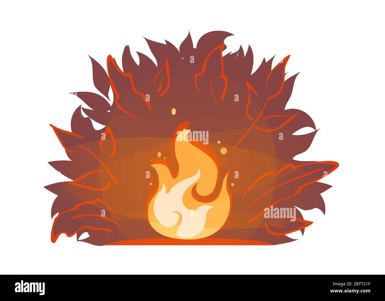 Red forest fire on night bush silhouette backdrop. Illustration of summer wildfire. Campfire icon. Burning bonfire vector. Firewood flames, burn fireplace cartoon sticker. Bright flame with sparks. Stock Vector