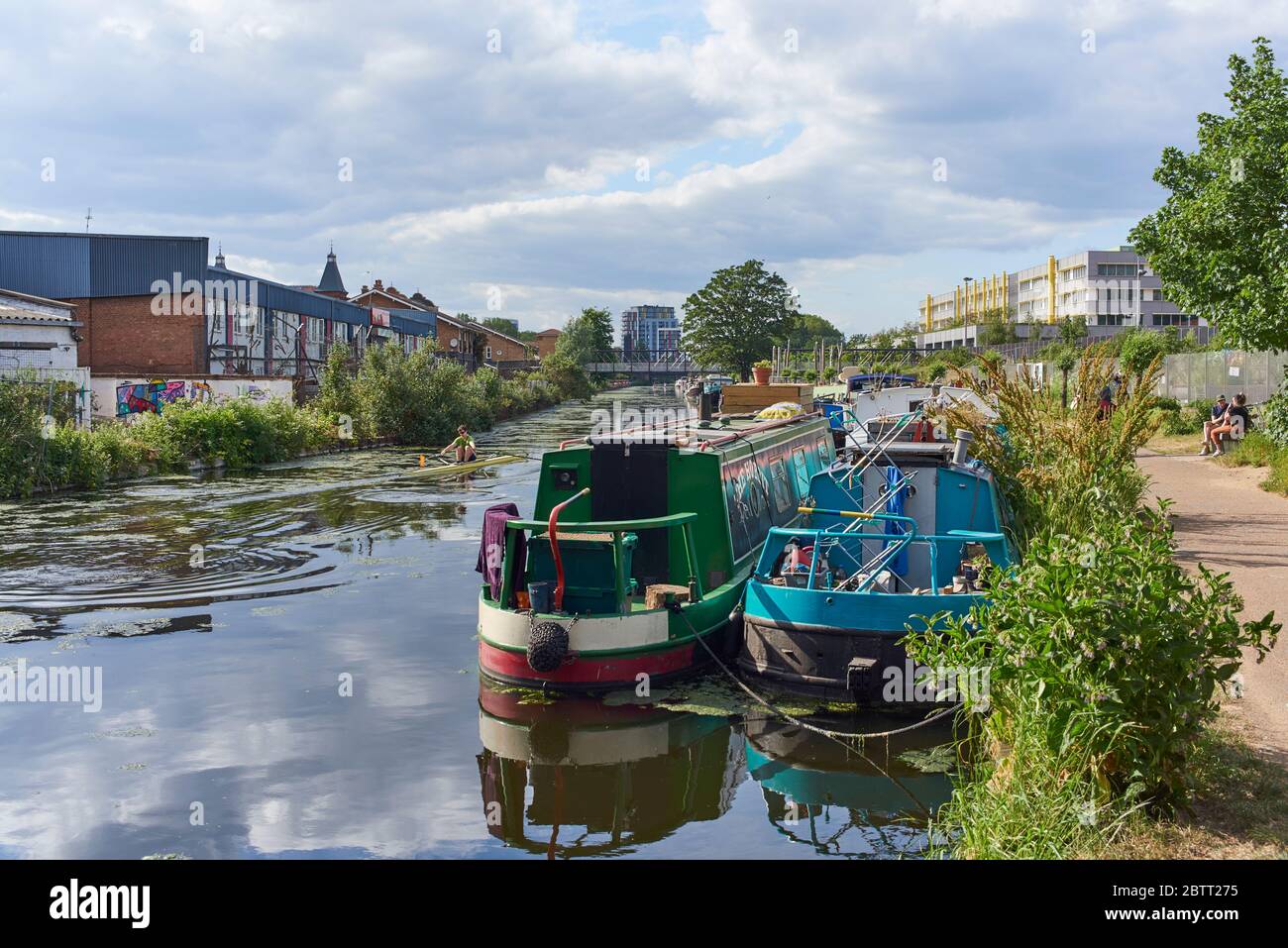 Boats on the River Lea Navigation at Hackney Wick, East London UK, looking north towards Hackney Marshes Stock Photo