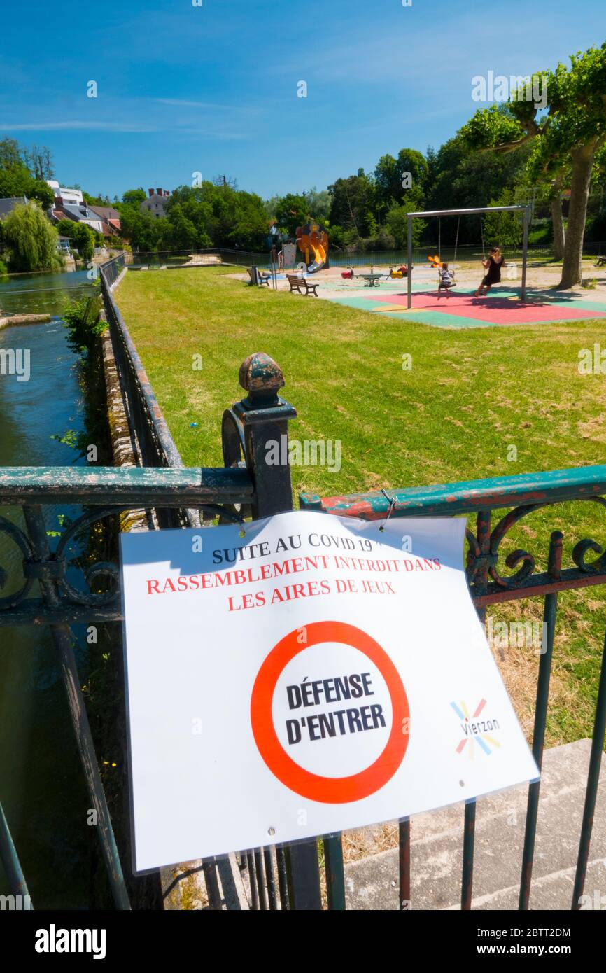 France, Cher (18), Vierzon, park and garden of the Abbey, surrounded by the Yèvre river and the Berry Canal. Playground for children prohibiting gatherings during the Covid 19 epidemic Credit: Thierry GRUN - Aero/Alamy Live News Stock Photo