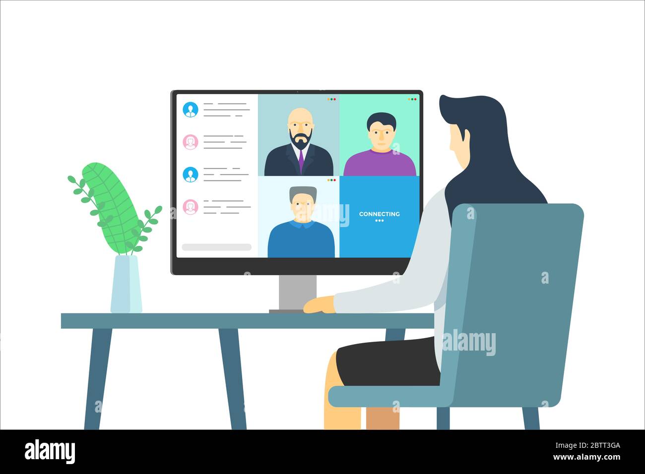 People group on computer screen taking part online conference. Work meeting and distance education webinar or videoconference. Vector video conferencing and web communication with company employees Stock Vector