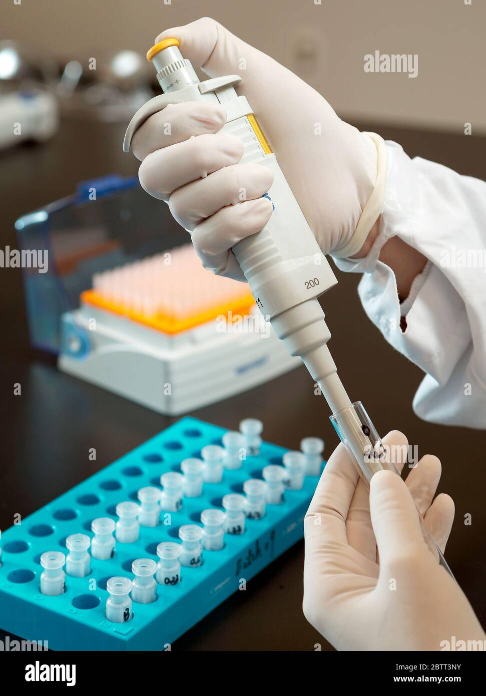 Syringe in the gloved hand of a lab technician precisly measuring a