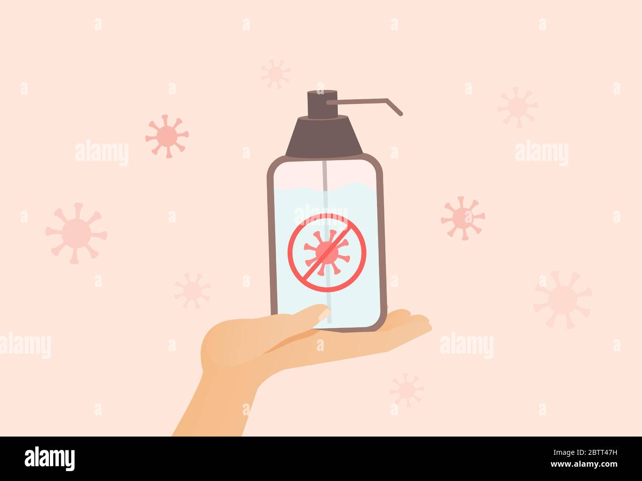 Pump spray bottle with medical antiseptic vector flat illustration. Disinfection alcohol liquid on the hand. Protection against Coronavirus, defend yourself, and fight the viruses concept. Stock Vector