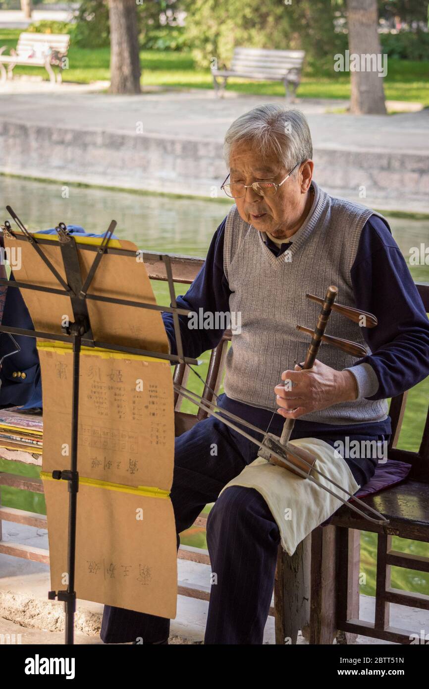 Beijing / China - October 24, 2015: Elderly man playing traditional Chinese instrument at the Tuanjiehu park in Beijing, China Stock Photo