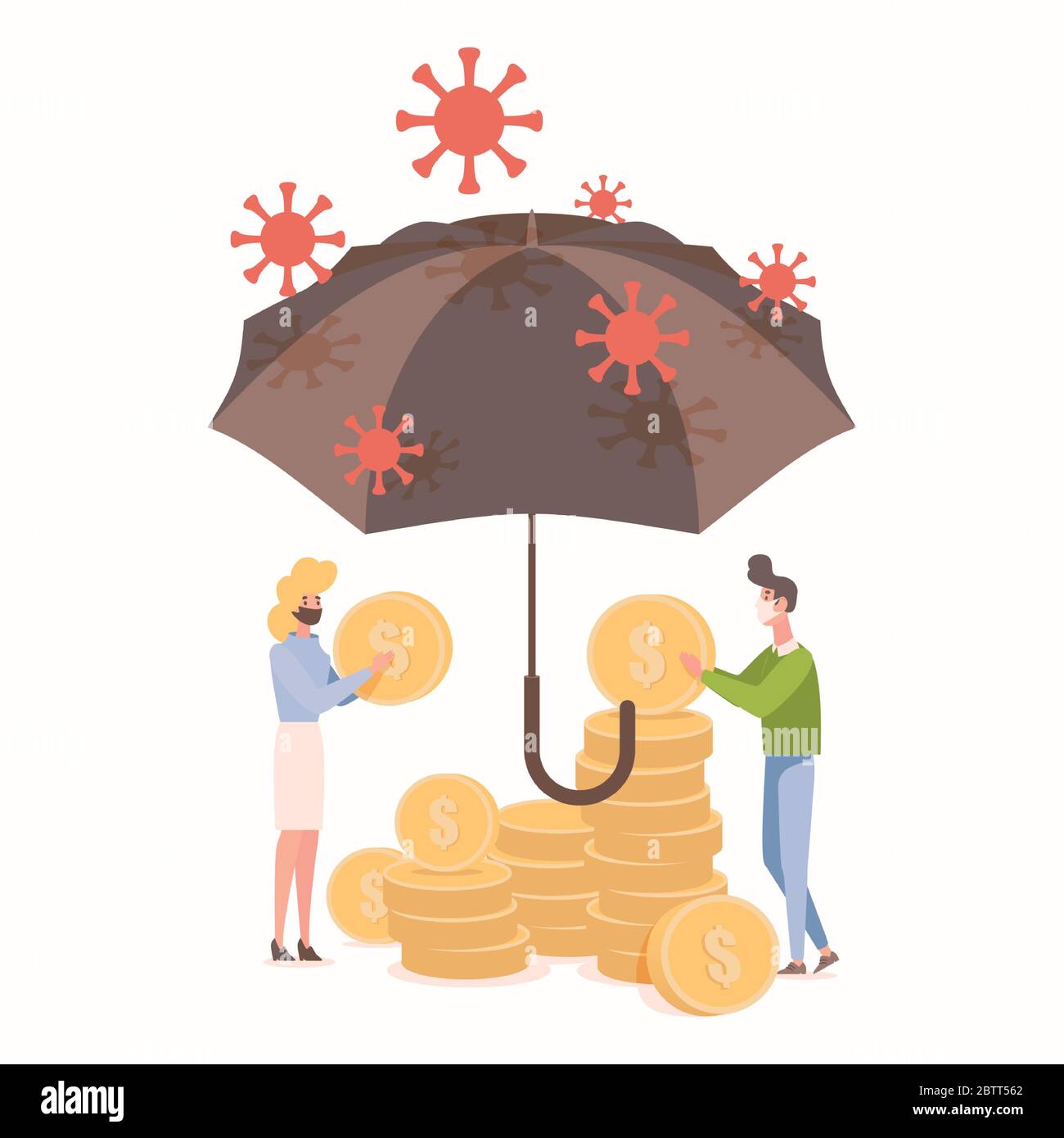 People protect savings from coronavirus epidemic outbreak vector flat illustration. Young woman and man in protective masks hold gold coins in hands. Umbrella against the rain of covid-19 cells. Stock Vector