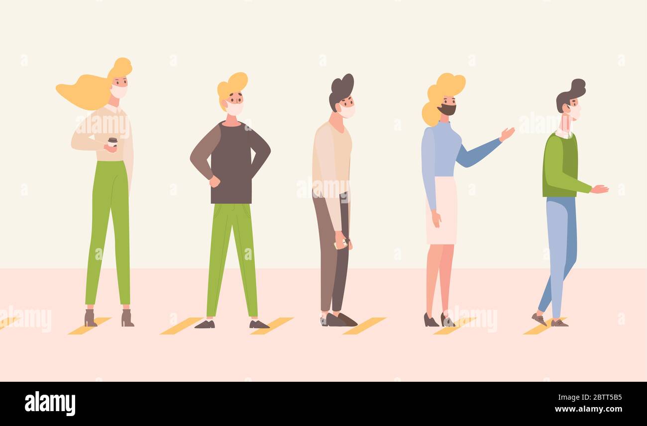 People stand in line and keep social distance vector flat illustration ...