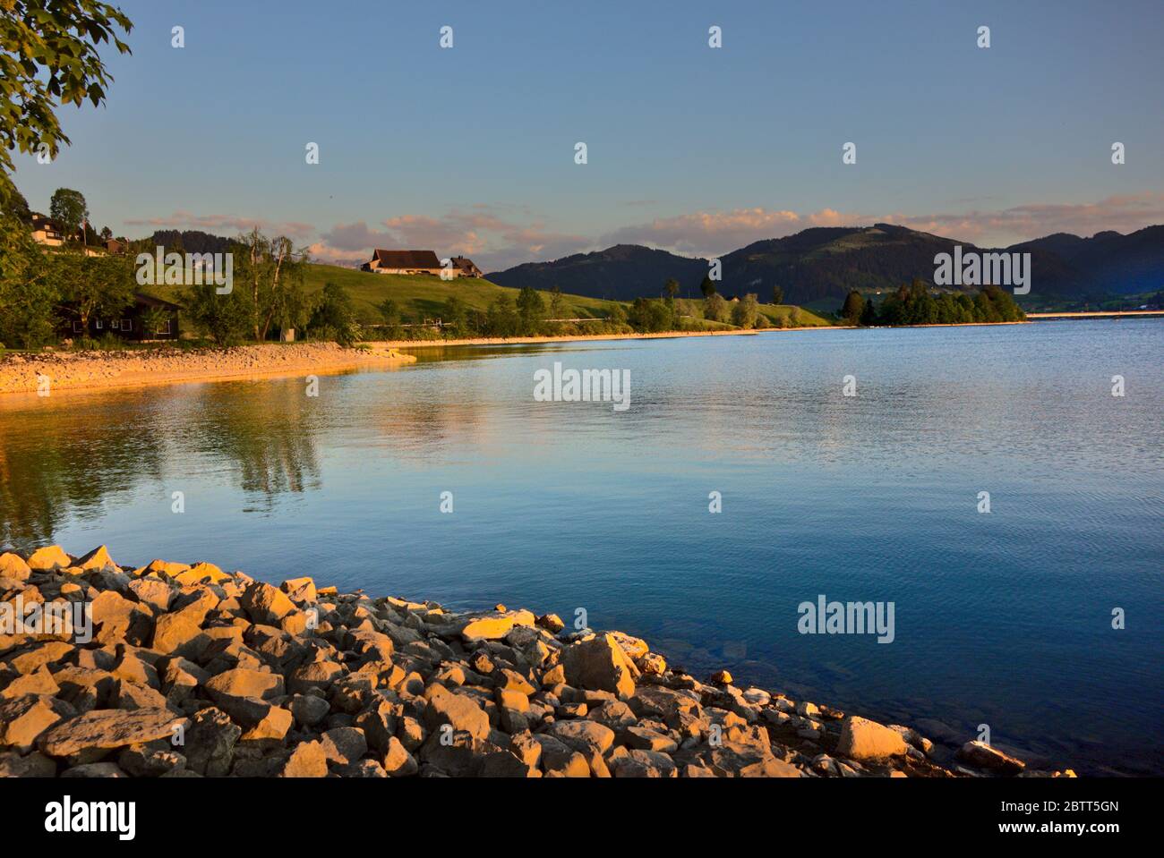 The Sihlsee as seen near the camping 'grüen aff', with view towards willerzell and gross. Stock Photo