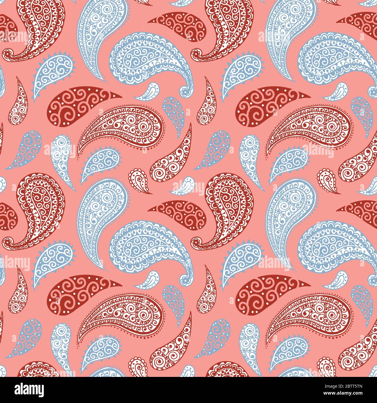 Paisley pattern background, seamless floral ornament, vector simple vintage style design. Abstract vintage Paisley pattern decoration, red, pink, pastel light blue and white pale color background Stock Vector