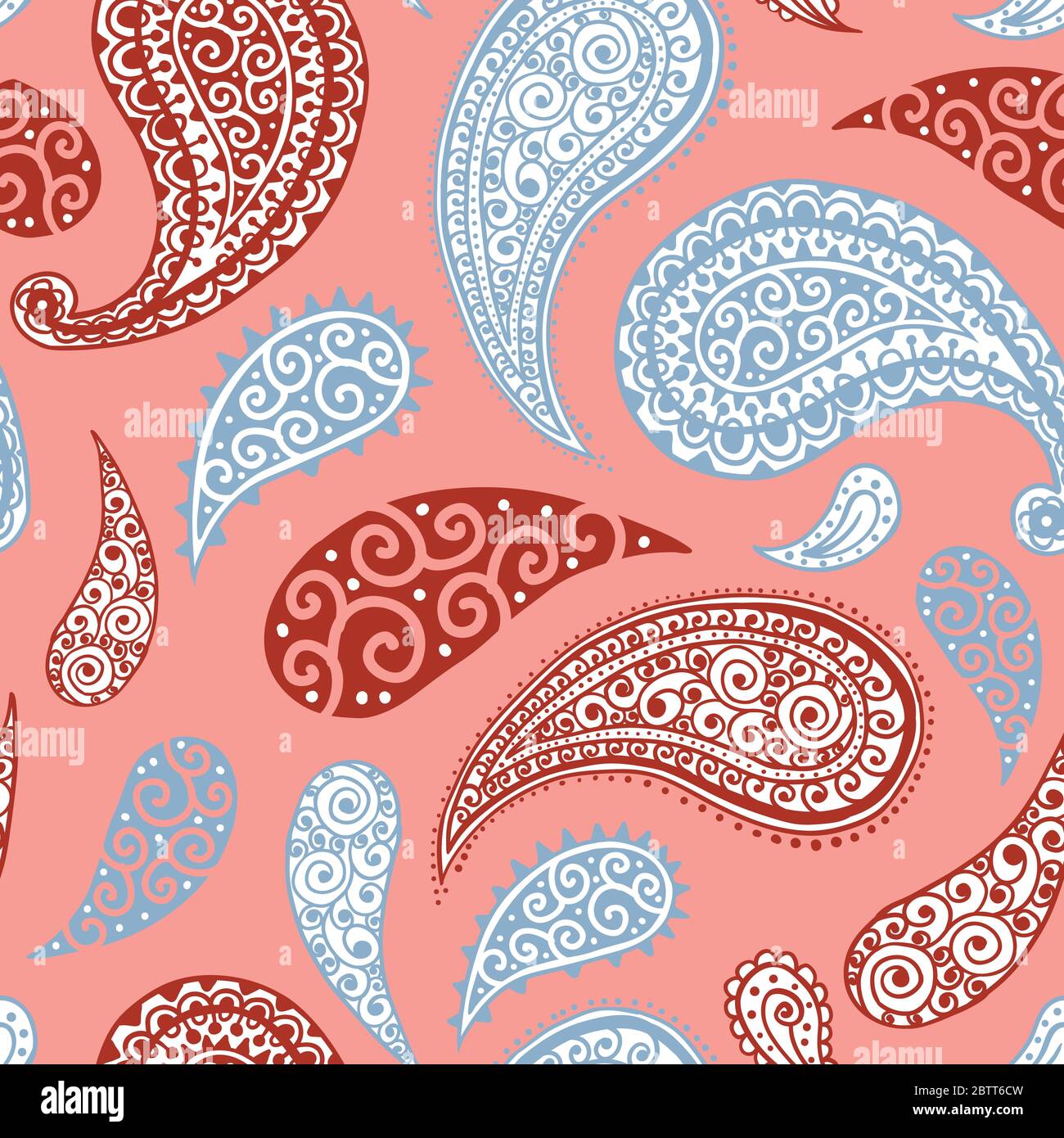 Paisley pattern background, seamless floral ornament, vector simple vintage style design. Abstract vintage Paisley pattern decoration, red, pink, pastel light blue and white pale color background Stock Vector