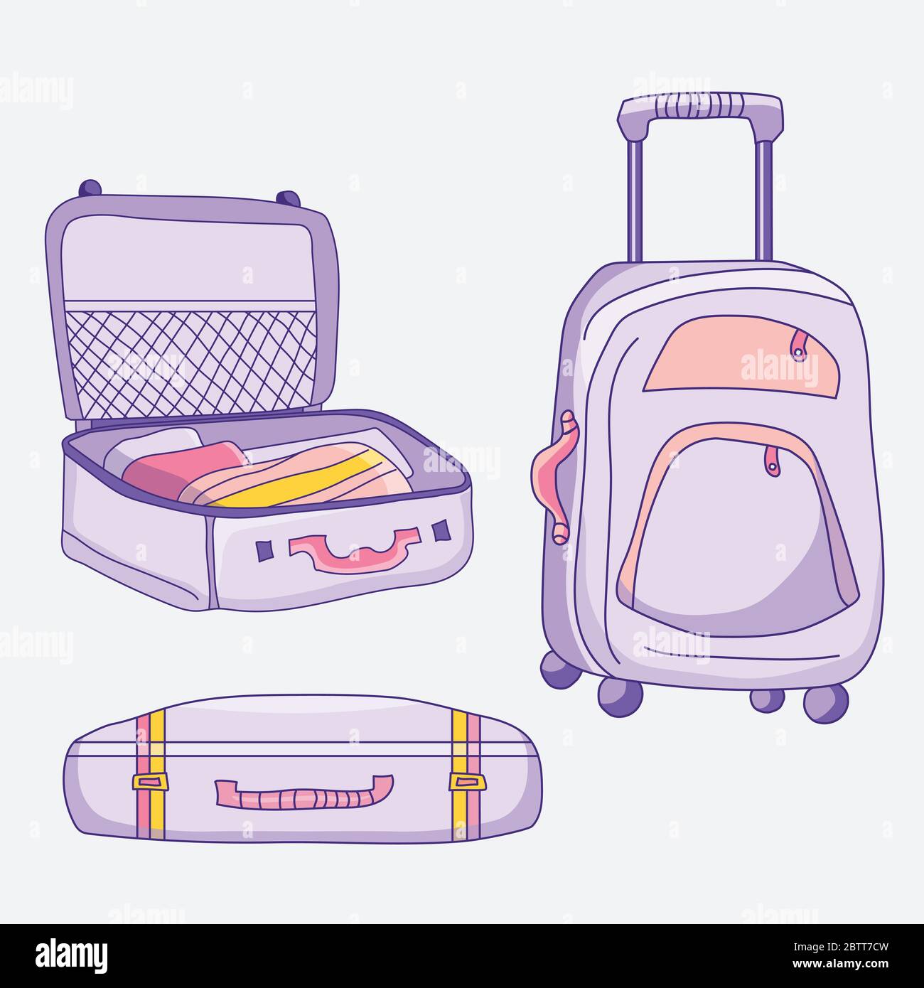 Vector picture of luggage. Different suitcases - open, closed, with things, standing, on wheels of purple-pink color Stock Vector