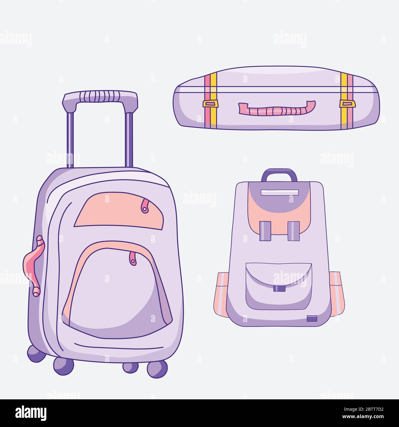 Vector pictures of luggage. Different suitcases - closed, standing on wheels and a travel backpack in purple and pink Stock Vector