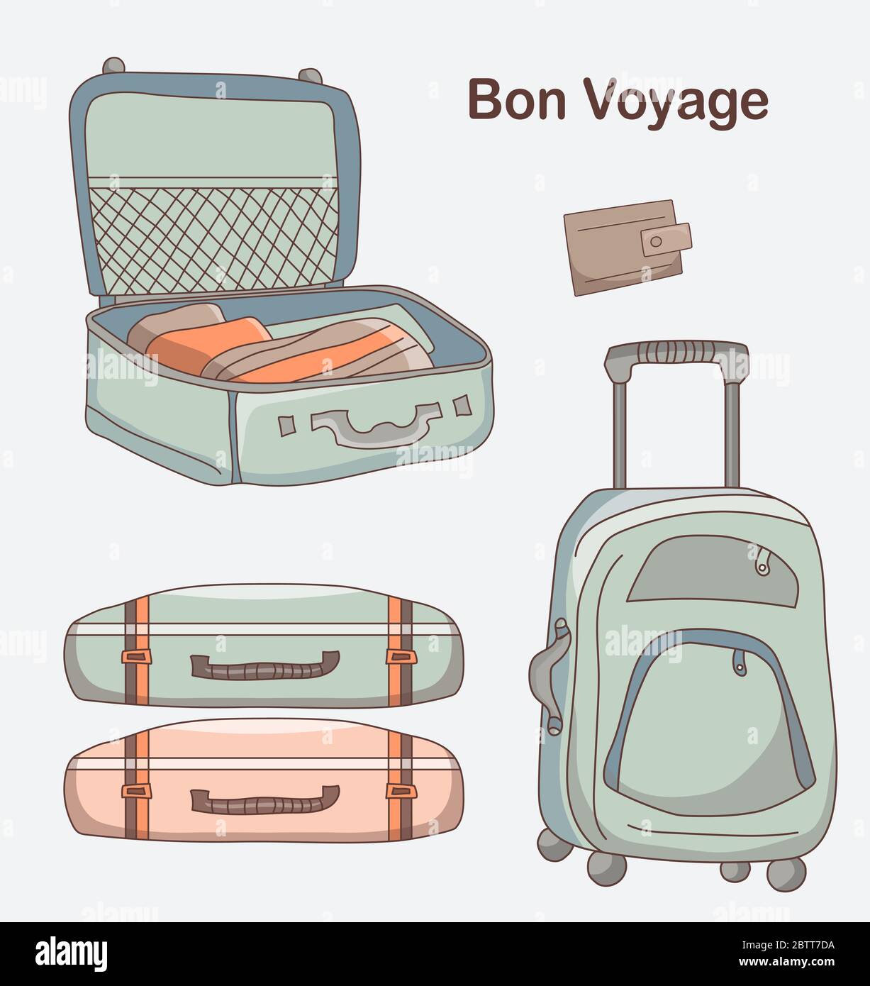 Set of vector pictures of different types of luggage for travel. A suitcase on wheels, lies and opened with things, a wallet. Bon voyage. Stock Vector