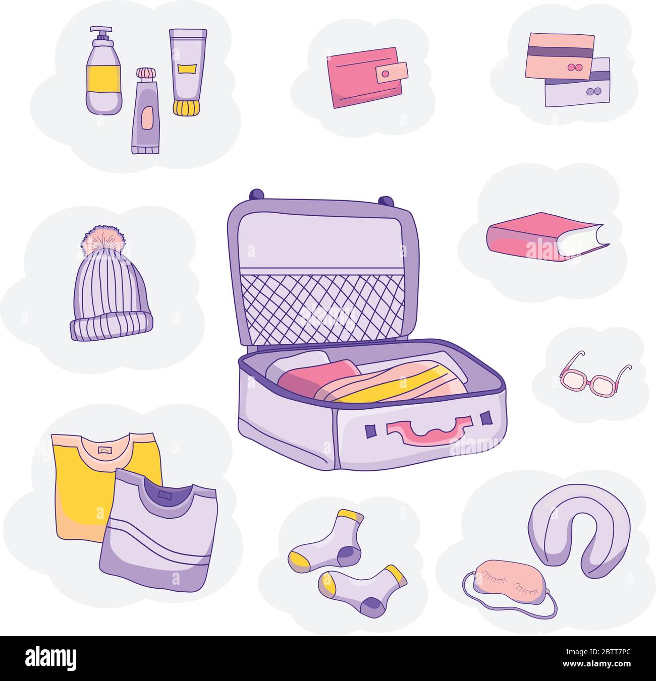 Set of vector pictures of luggage, clothes on a blue background. We pack in a suitcase for travel on vacation. Bon voyage. Stock Vector