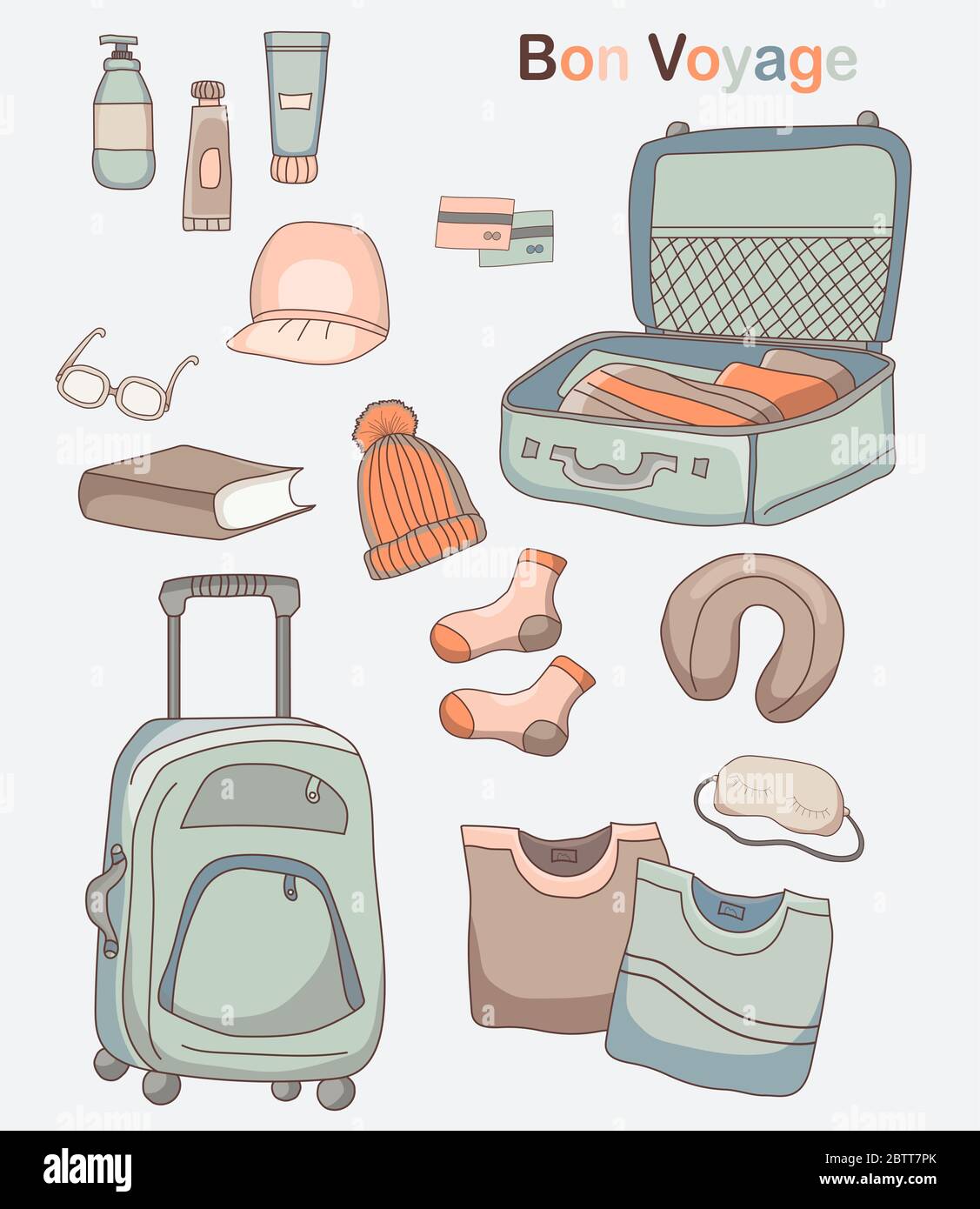 Set of vector pictures of luggage, clothes and things for travel on vacation. Bon voyage. Stock Vector