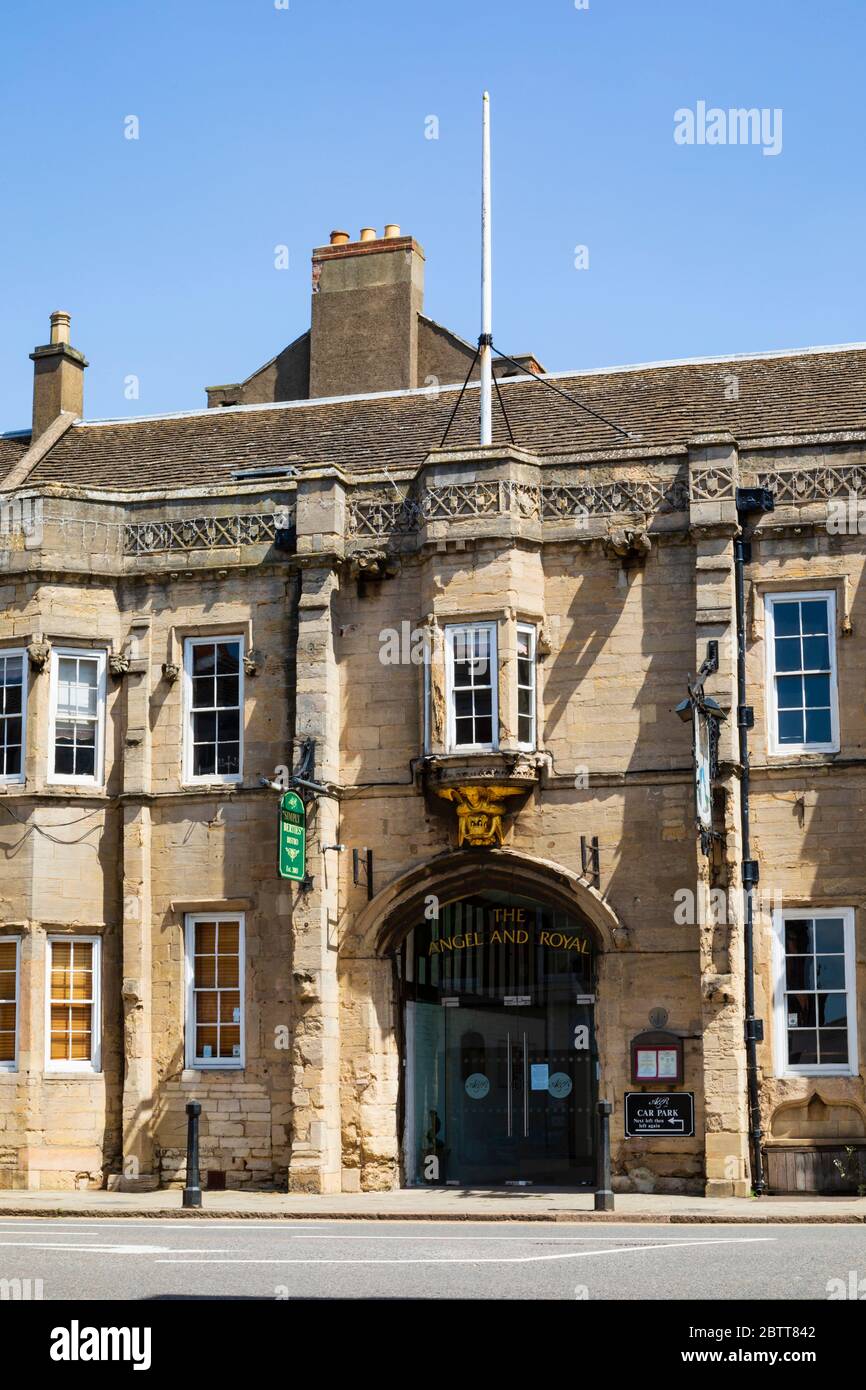 The Angel and Royal hotel. Old coaching inn on the Great North road, Grantham, Lincolnshire, England. May 2020 Stock Photo